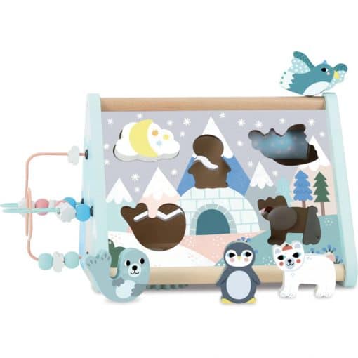 Vilac Iceland Early Learning Activity Triangle is an all in one portable wooden toy, decorated with winter motifs, igloos and winter animals