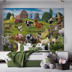 Walltastic Farmyard Fun Wall Mural features a farmyard scene with over 14 adorable animals, a barn, tractor and a whole lot more.