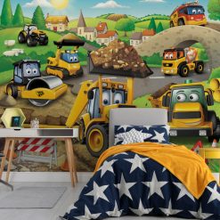 Walltastic My 1st JCB Wall Mural, depicts a wonderfully illustrated construction scene featuring everyone's favourite JCB vehicles and would instantly transform any kids room or playroom.