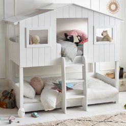 Willow Treehouse Bunk Bed features two full sized single beds, a sturdy ladder and an enchanting wooden canopy with two windows.