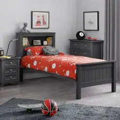Maine Bookcase Bed Anthracite is a New England Styled, Kids Bed features a high headboard with an integrated shelf,